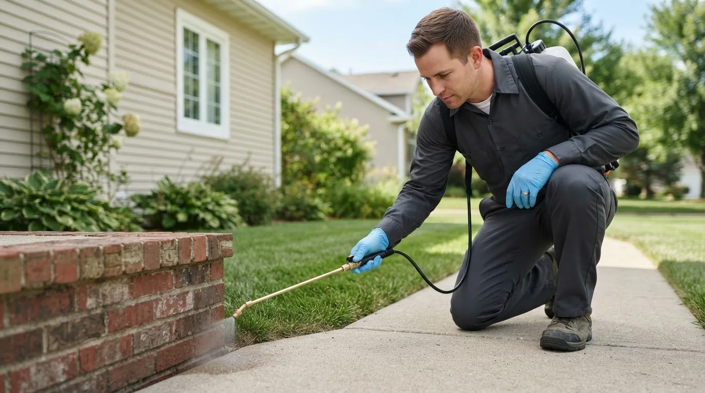Pest control technician treating a home near Dora, MO