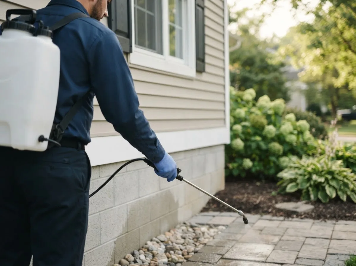 Pest control technician inspecting a home in Dora, MO